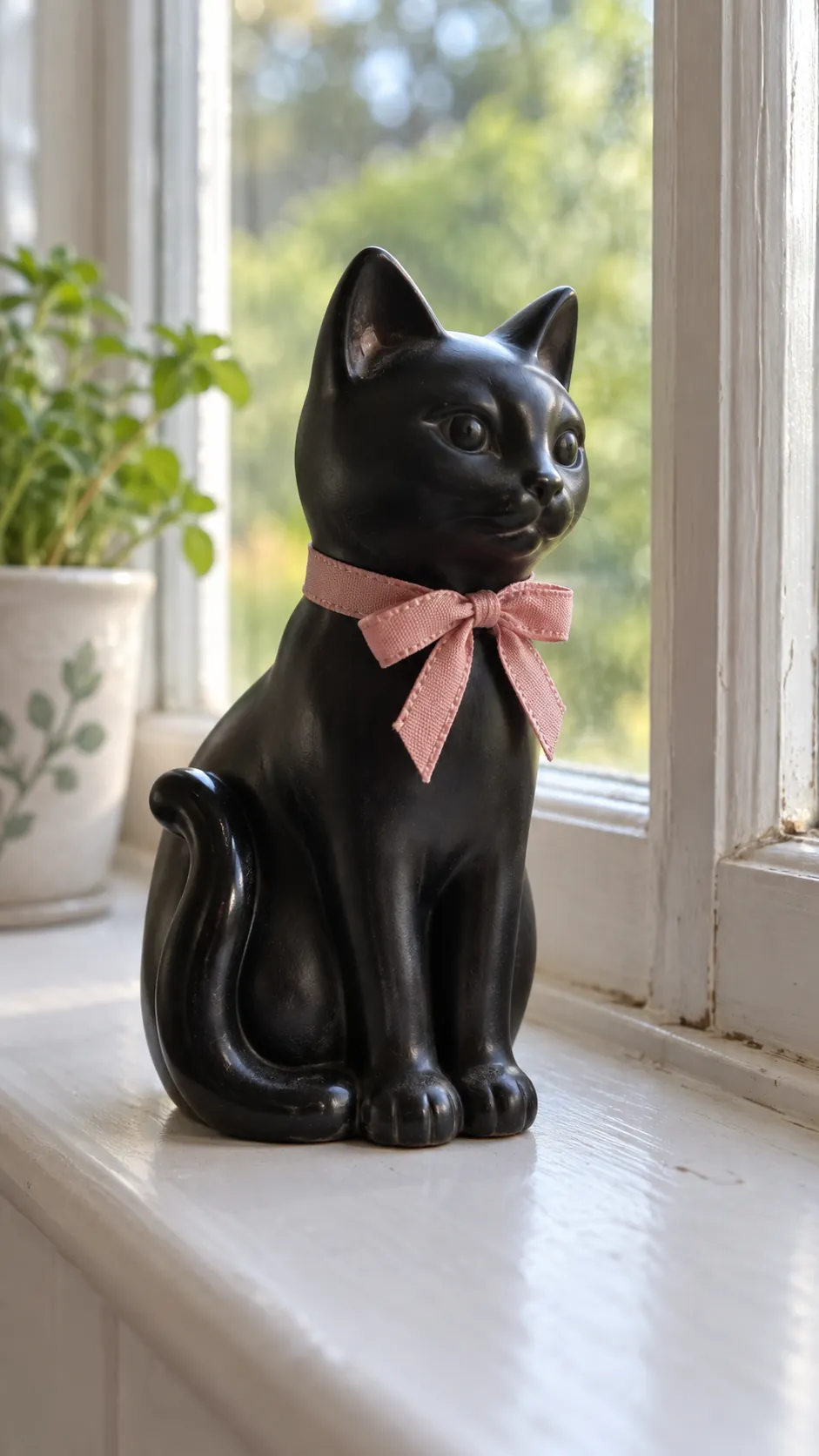 A pink bow on a black cat in black and pink Halloween decor