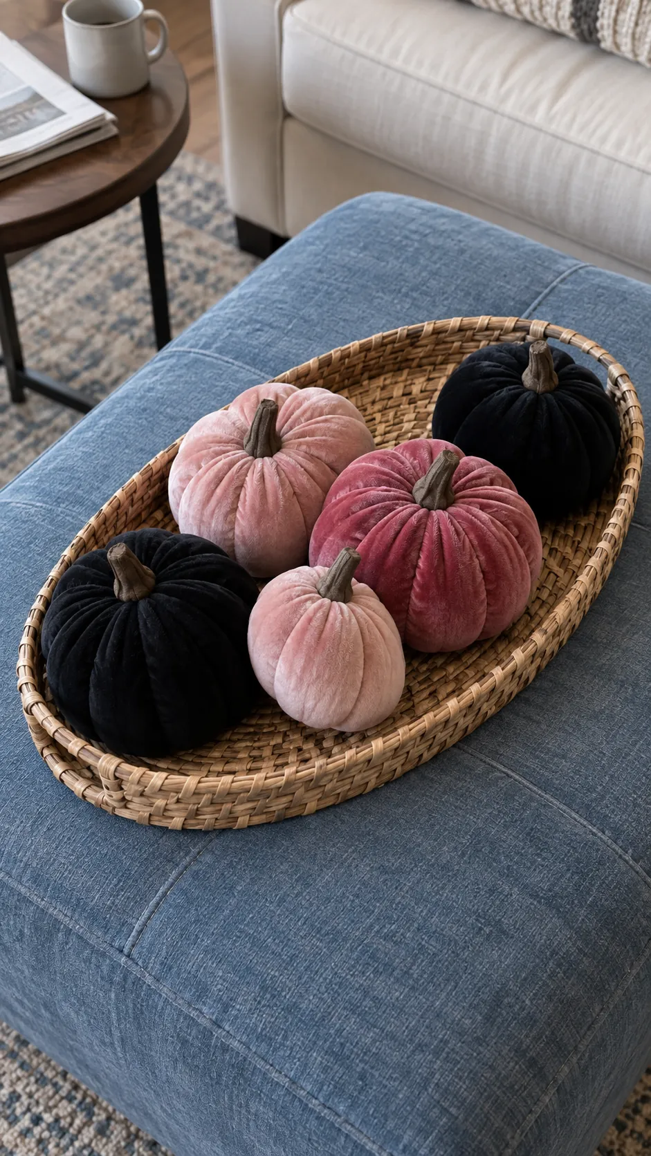 A tray of miniature velvet pumpkins in black and pink Halloween decor