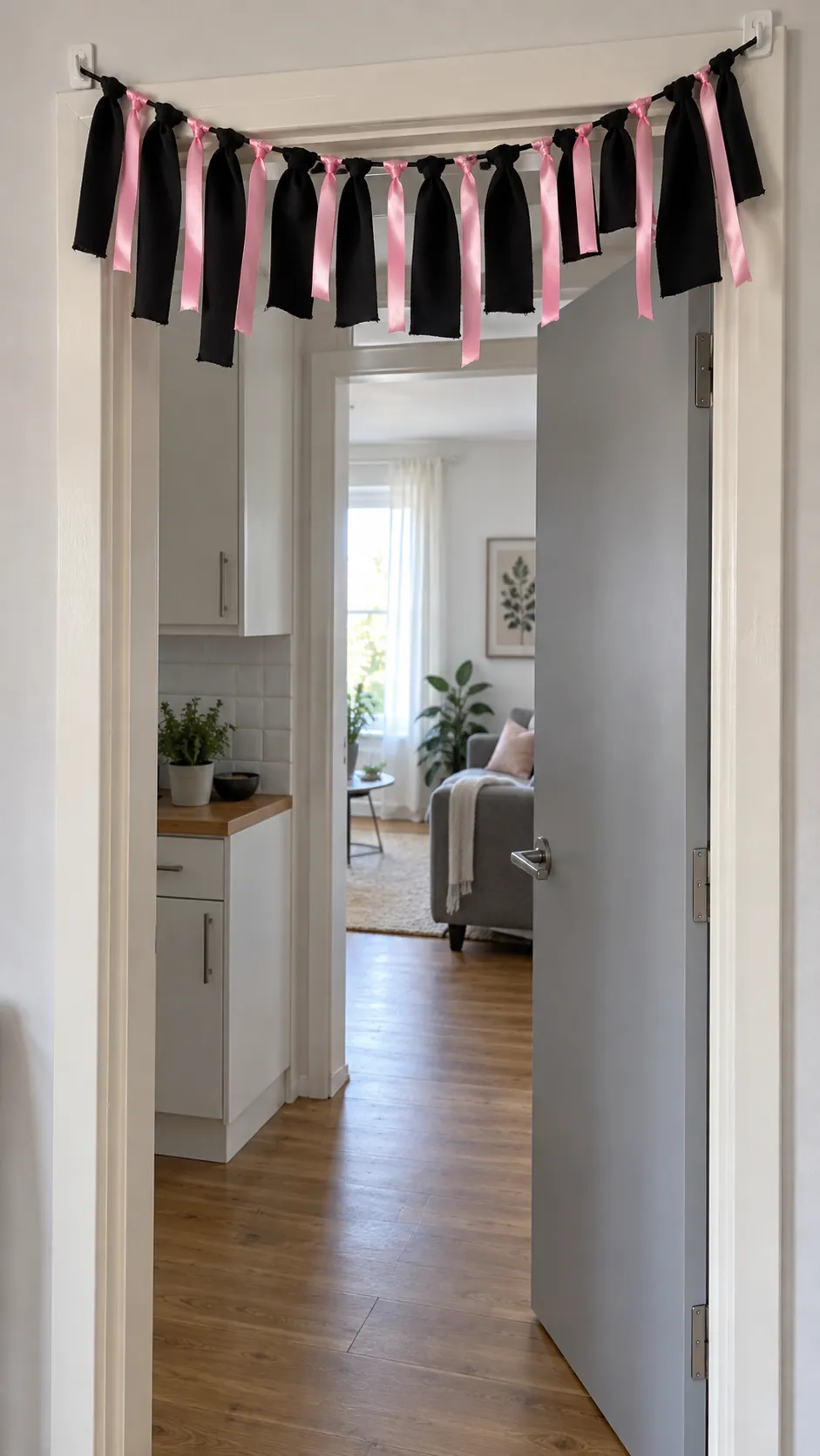 A pink and black doorway swag in black and pink Halloween decor
