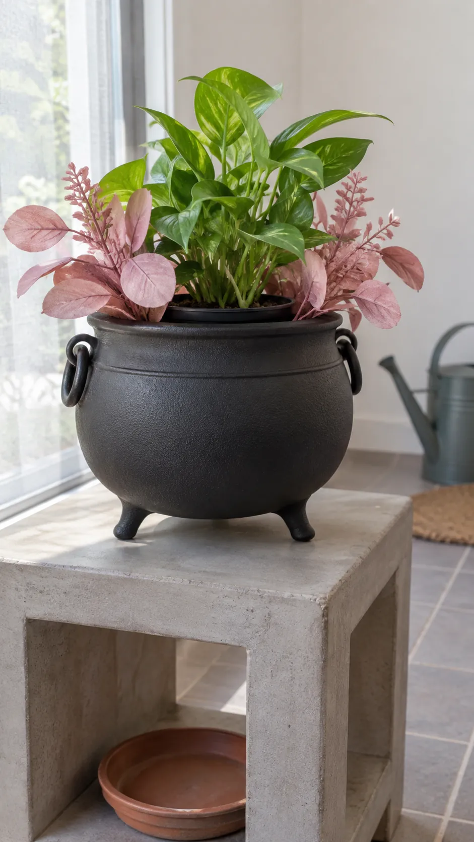 A cauldron planter with pink foliage in black and pink Halloween decor