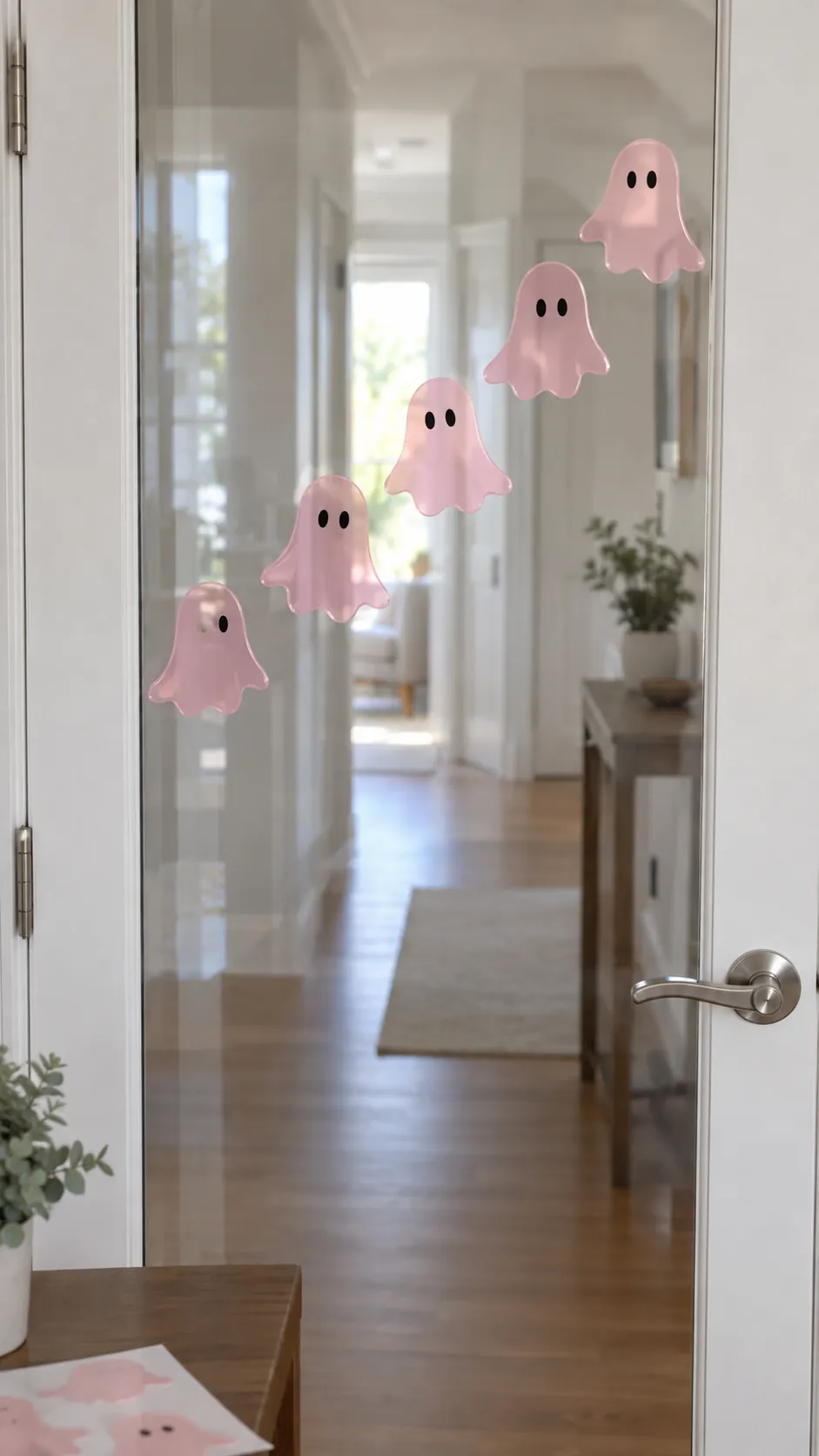 A removable ghost window scene in black and pink Halloween decor