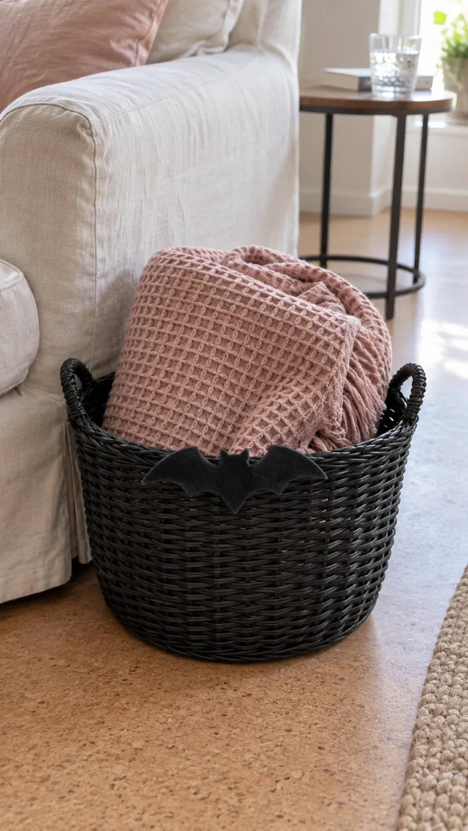 A black basket for pink blankets in black and pink Halloween decor