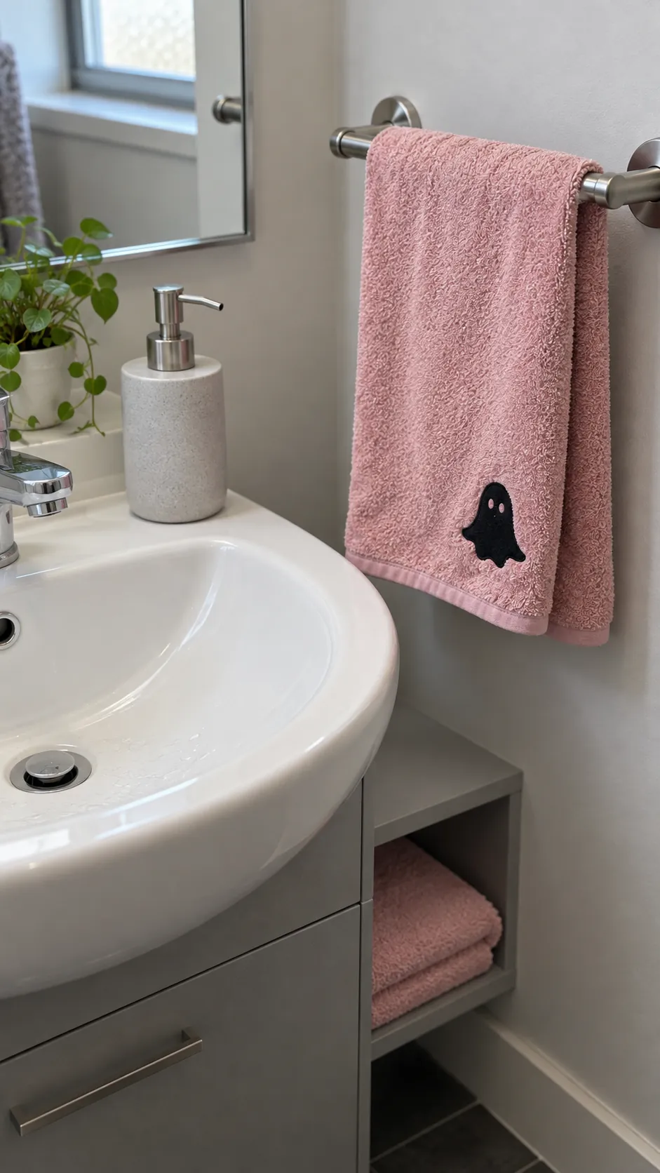 A guest bathroom ghost towel in black and pink Halloween decor