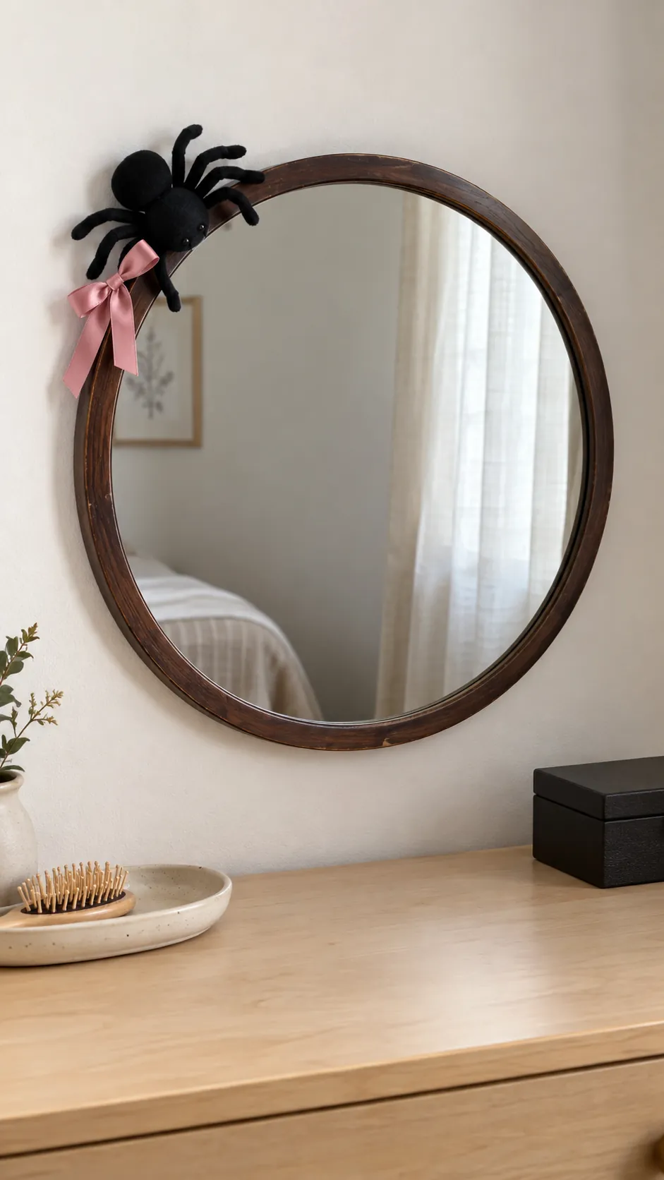 A single dramatic spider on a mirror in black and pink Halloween decor