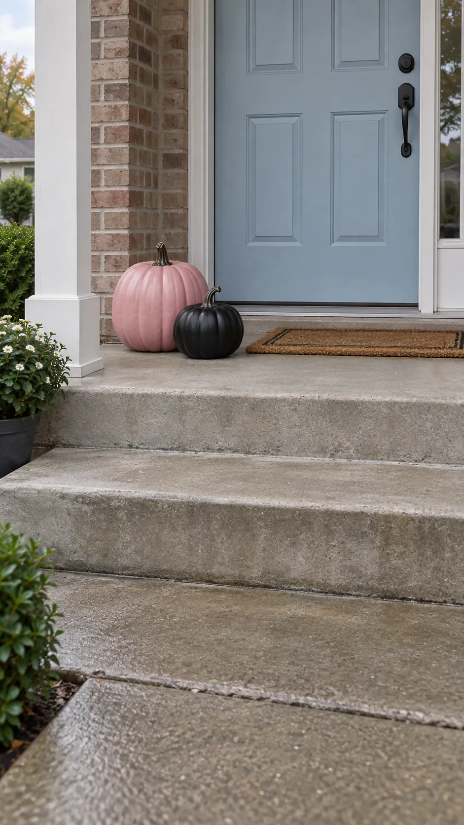 A porch pair of painted pumpkins in black and pink Halloween decor