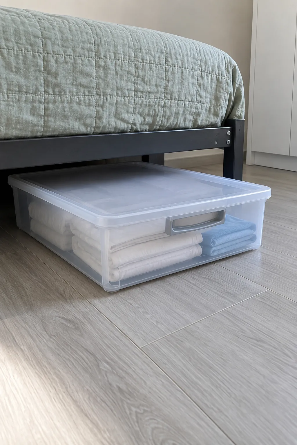 Shallow covered bedding container sliding from beneath a simple bed