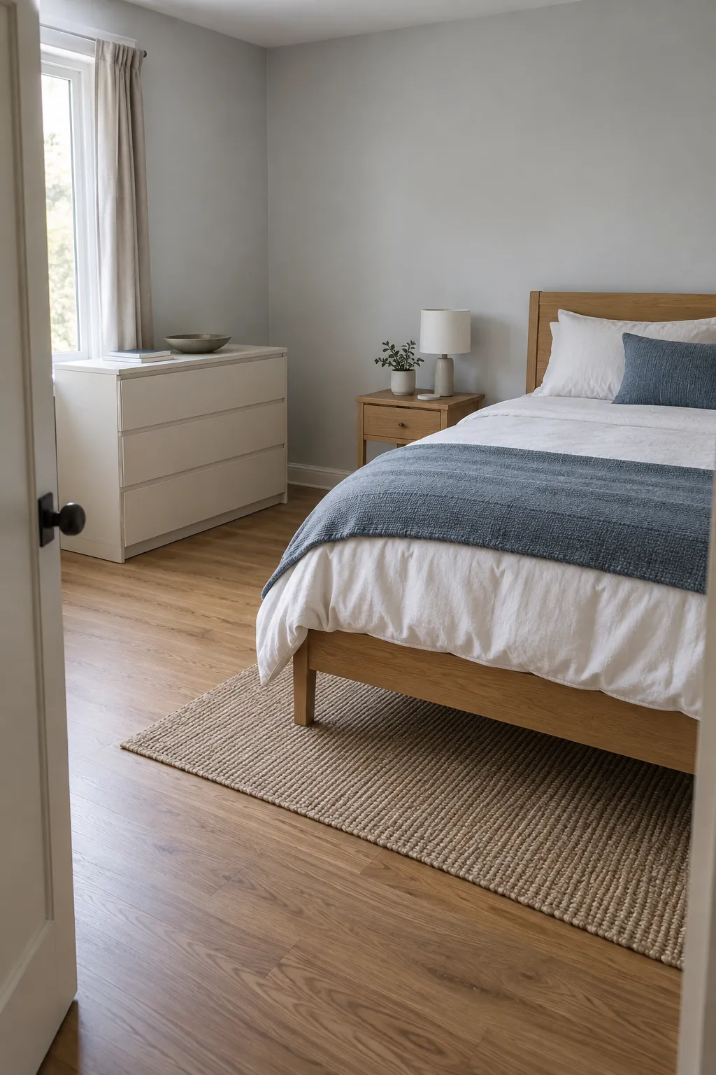 Practical minimalist bedroom with clear floor space and simple storage