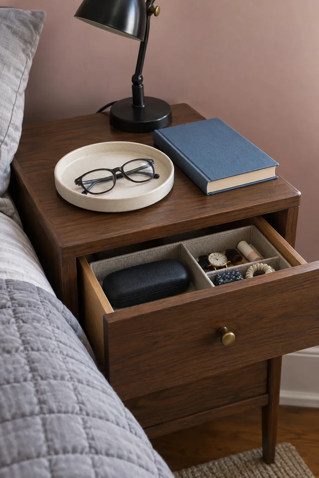 Bedside tray and drawer providing a clear home for small everyday items