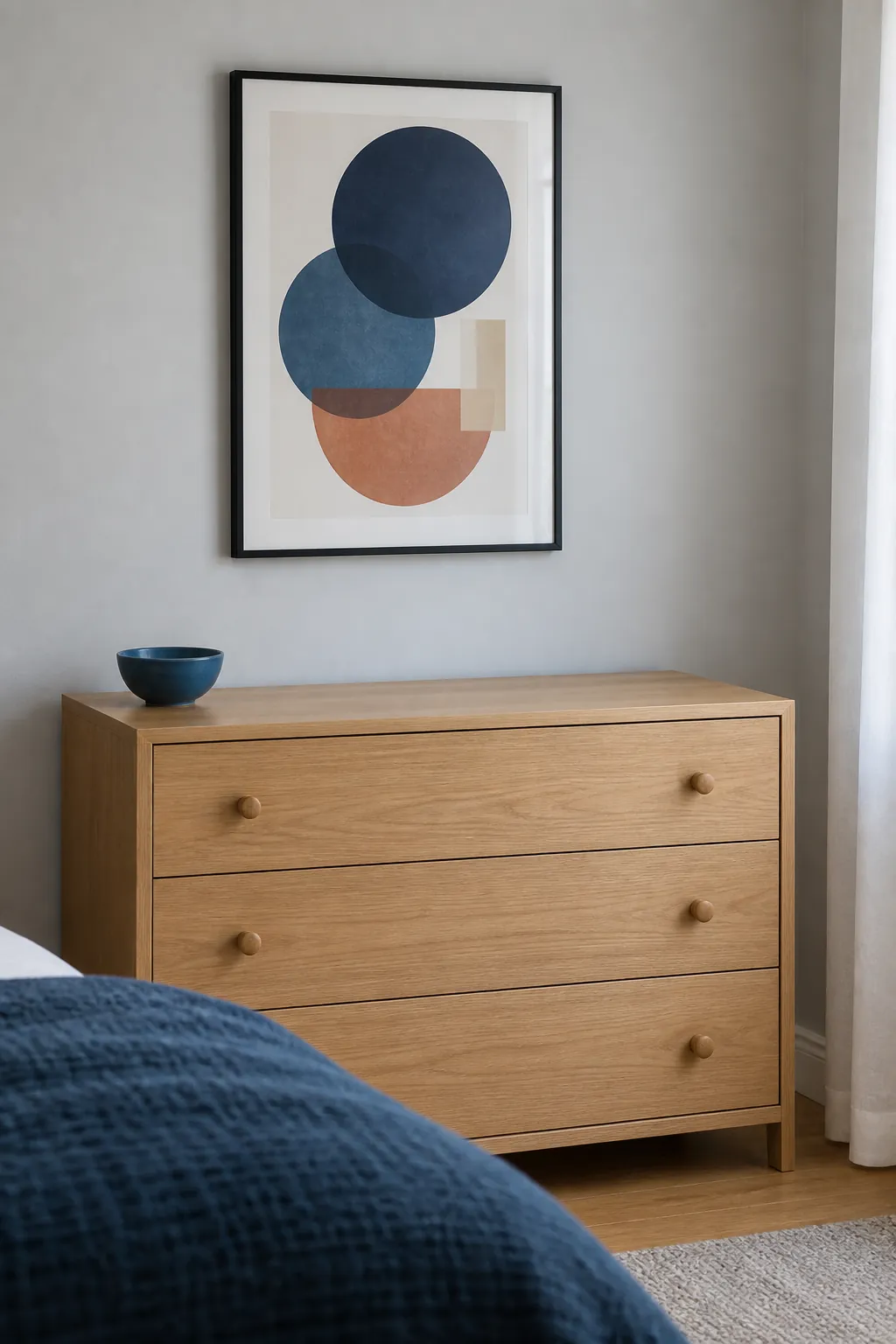 One colorful geometric print above a simple dresser with open surface space