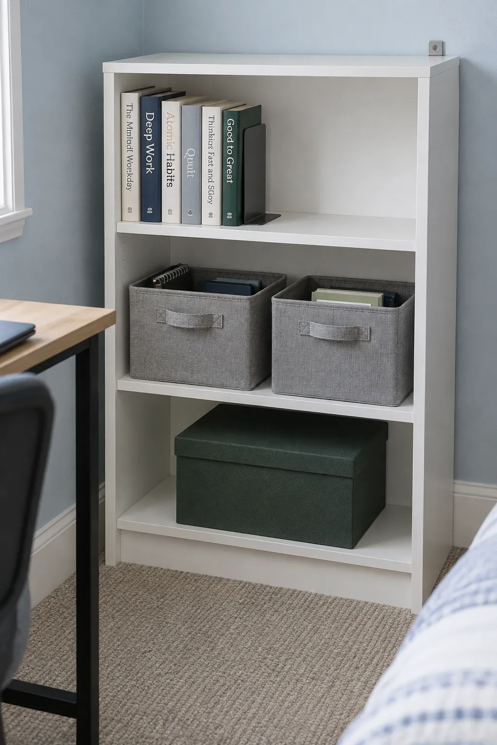 Open shelf with a few reference books and practical fabric storage baskets