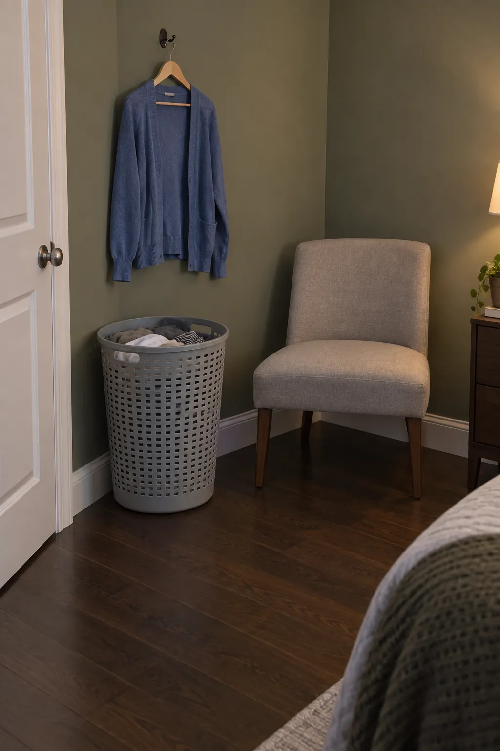 Laundry hamper and single clothing hook keeping a bedroom chair clear