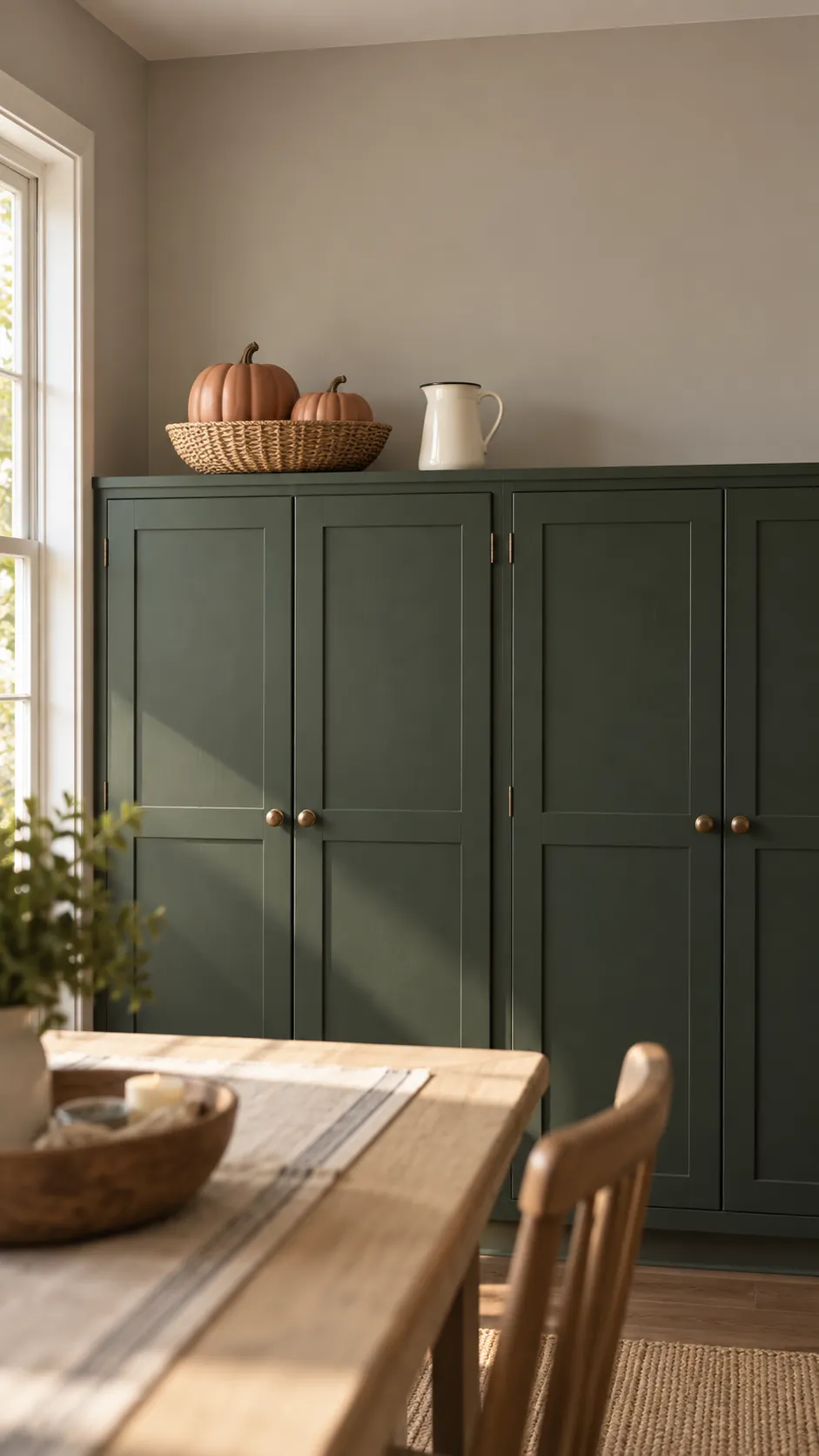 Build one clear group with simple silhouettes for above cabinet fall kitchen decor