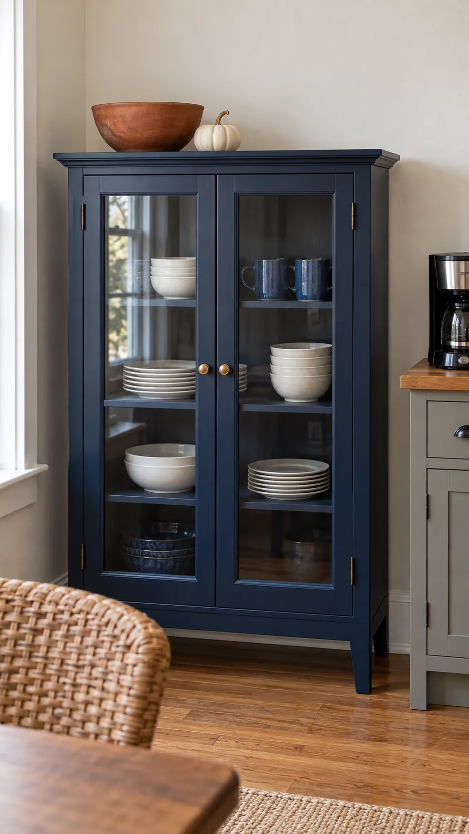 Use a hutch or coffee cabinet when the uppers are awkward for above cabinet fall kitchen decor