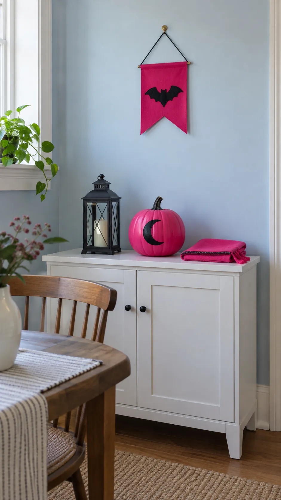 Hot pink pumpkin and black lantern in a small dining nook