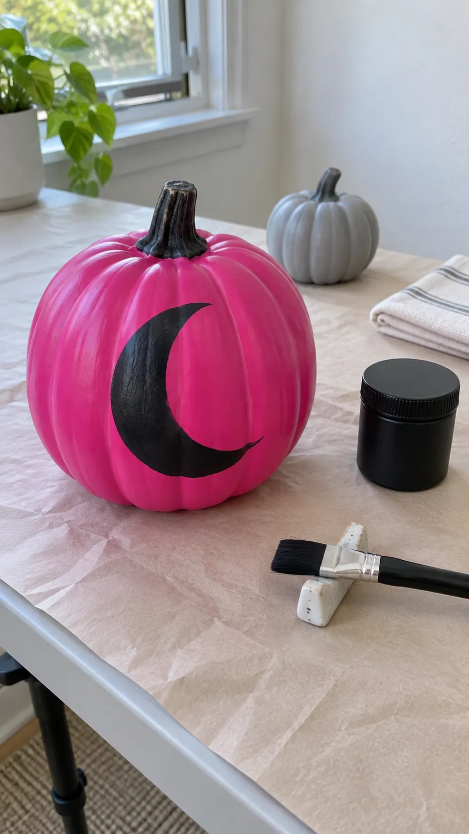 Paint a pumpkin with a finish that lasts for hot pink Halloween decor