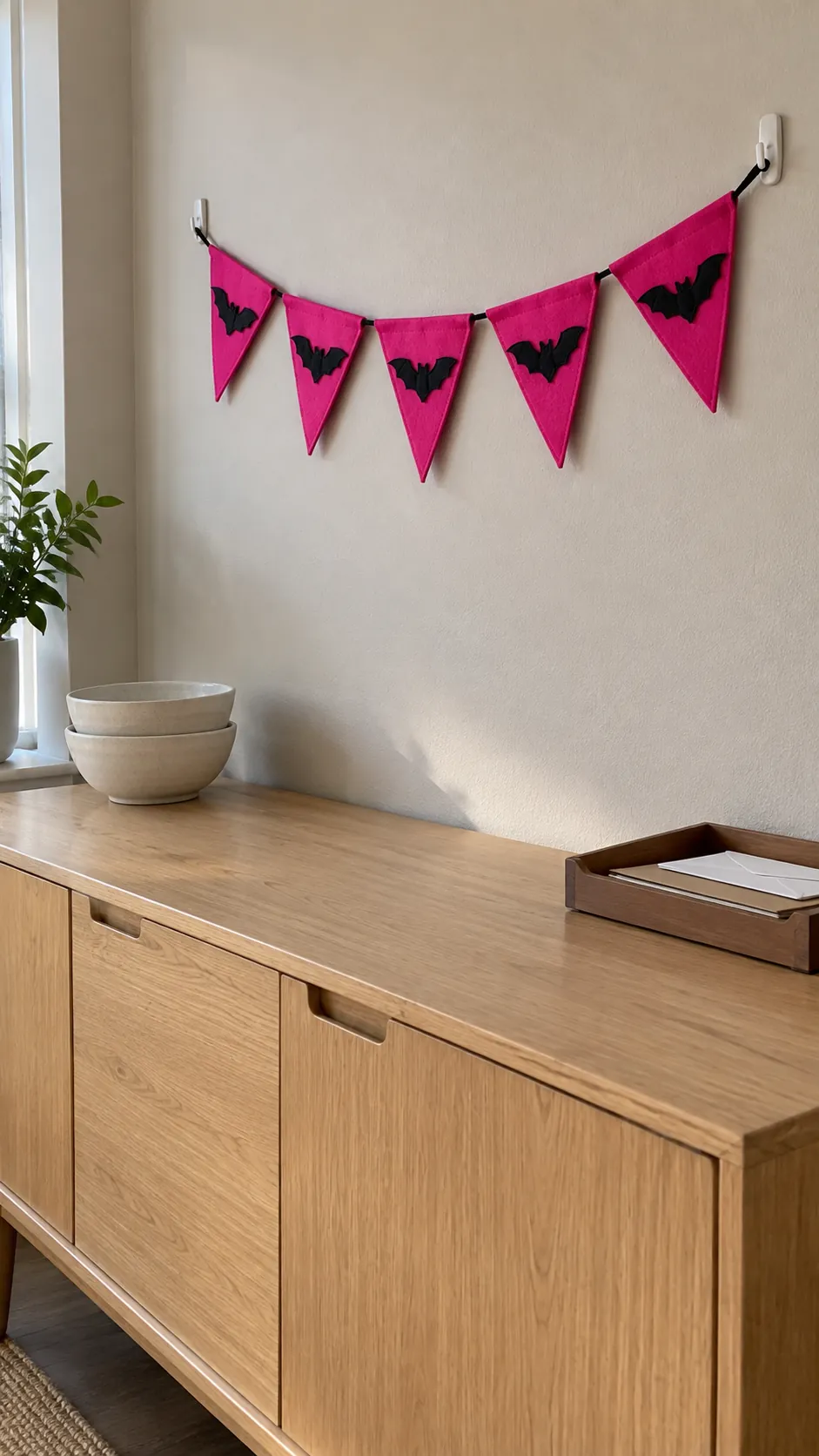 Build height with a compact fabric accent for hot pink Halloween decor