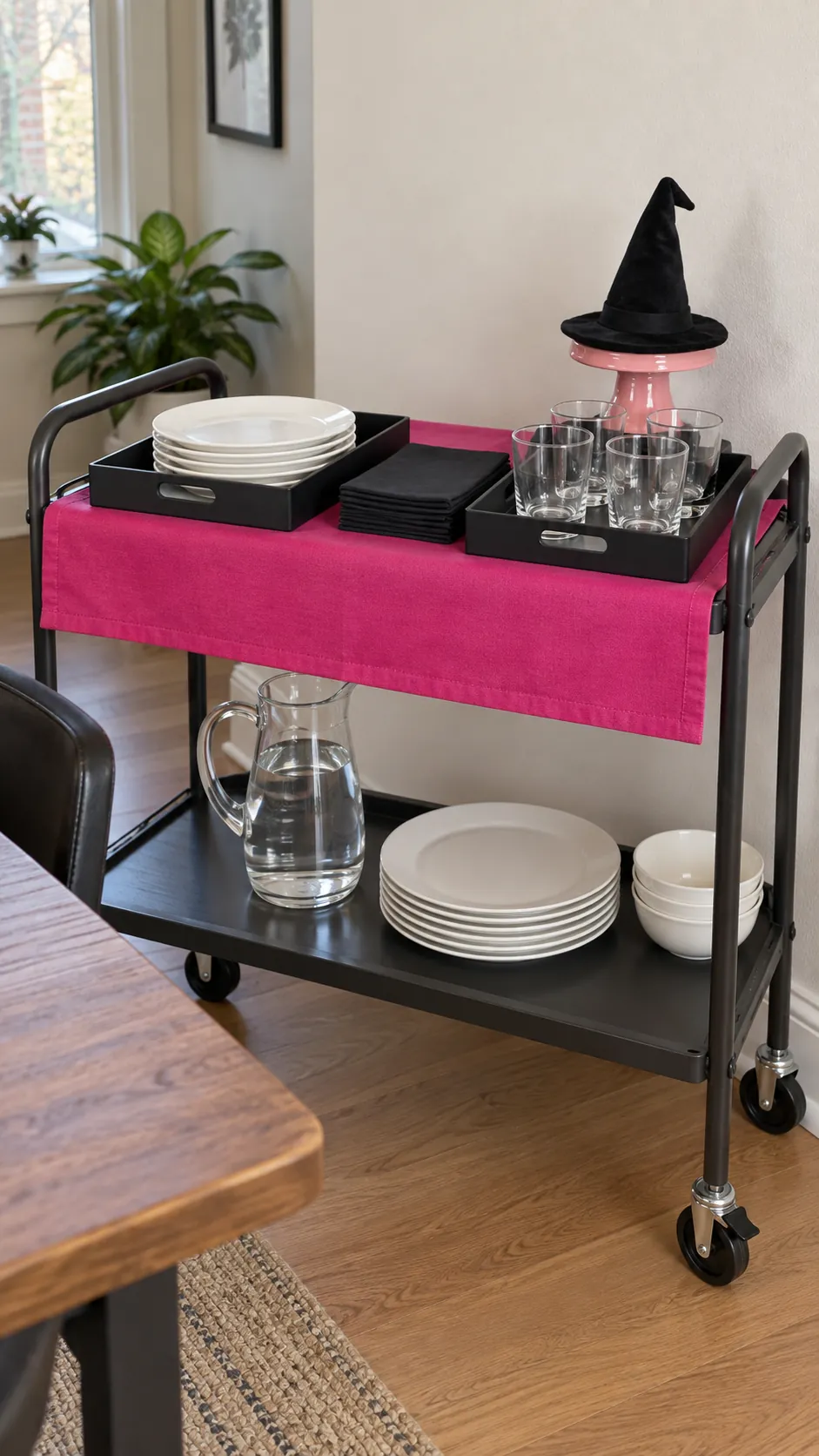 Make a party table easy to serve from for hot pink Halloween decor