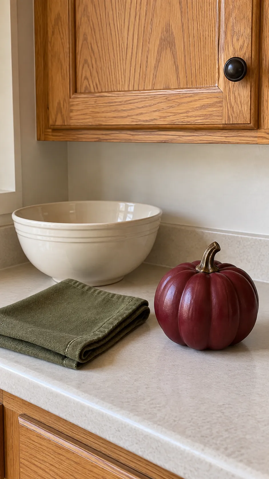 Let the cabinet finish choose the palette for fall decor on kitchen cabinets