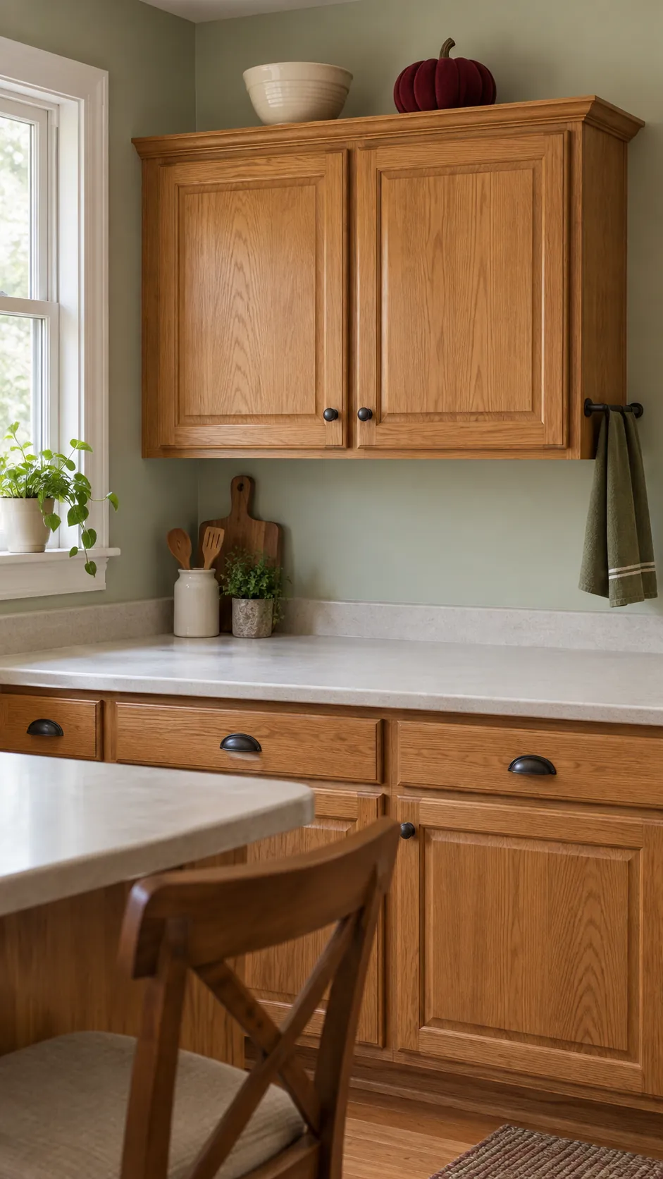 Cream and burgundy fall accents above warm oak kitchen cabinets