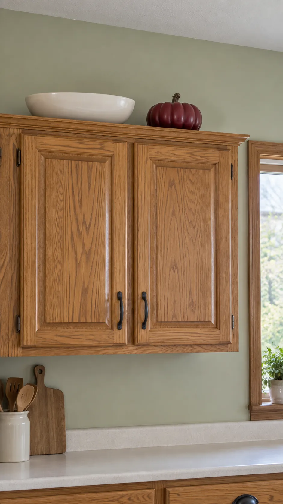 Give wood cabinets a quieter companion for fall decor on kitchen cabinets