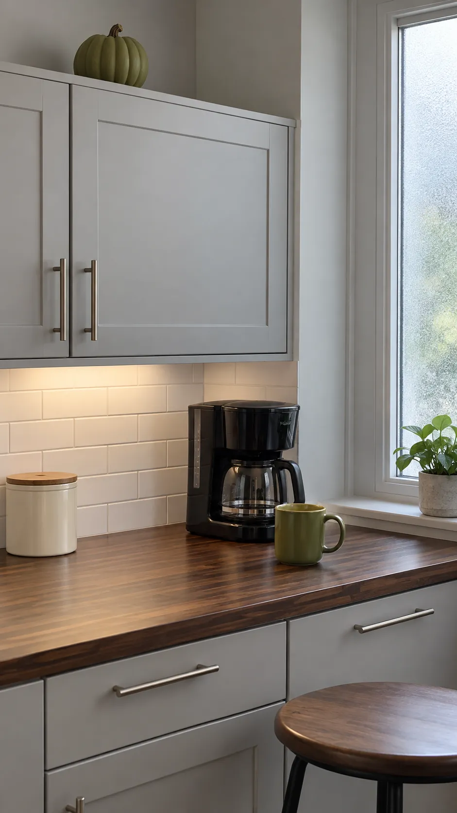 Repeat one color at ordinary working height for fall decor on kitchen cabinets