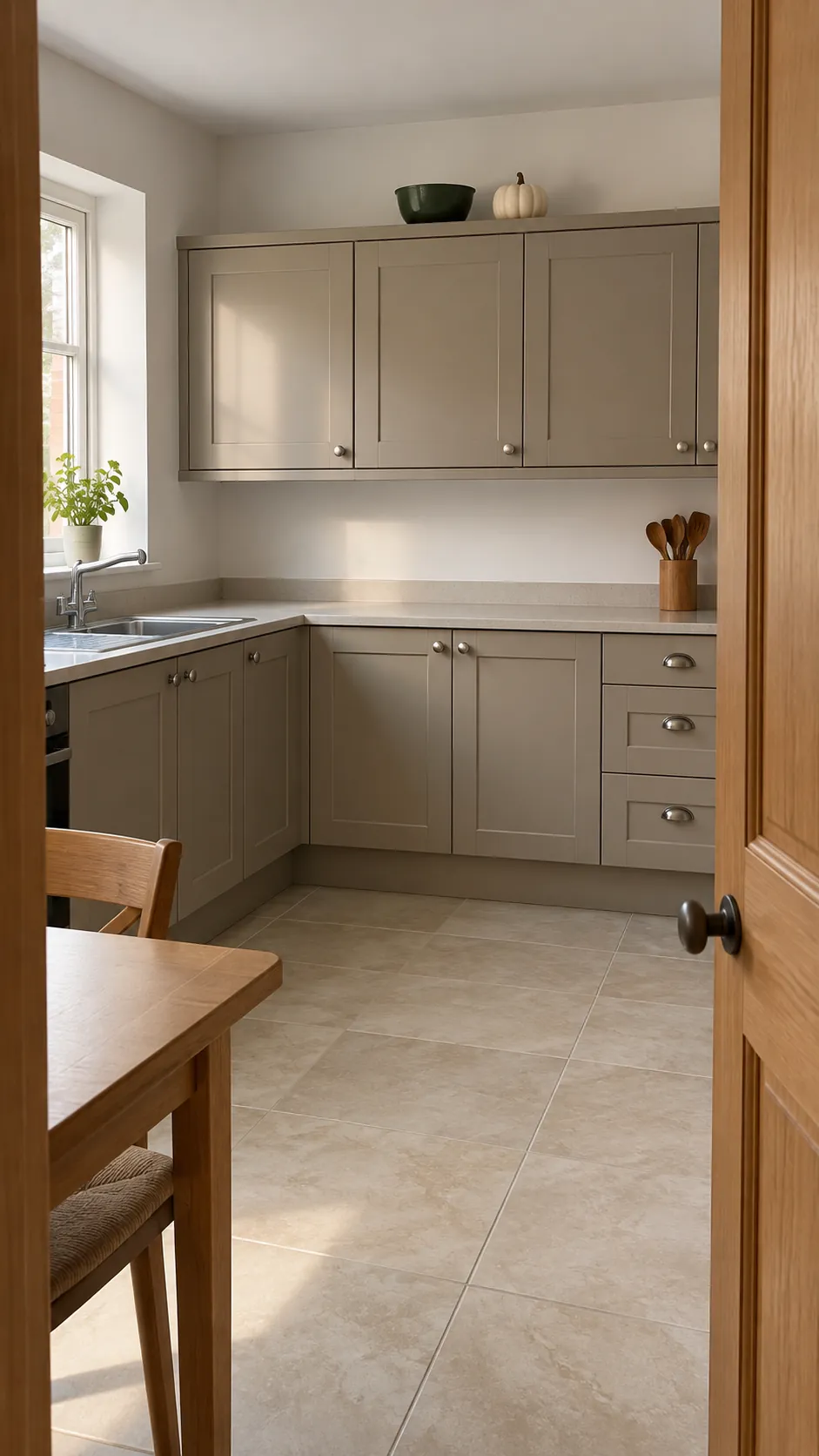Edit the arrangement from the doorway for fall decor on kitchen cabinets