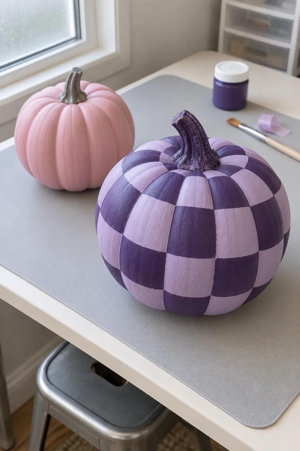 Give painted pumpkins a clear pattern with purple and pink Halloween decor