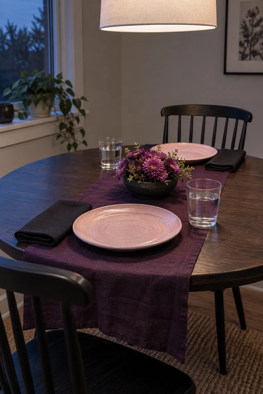 Set a table with depth instead of more objects with purple and pink Halloween decor