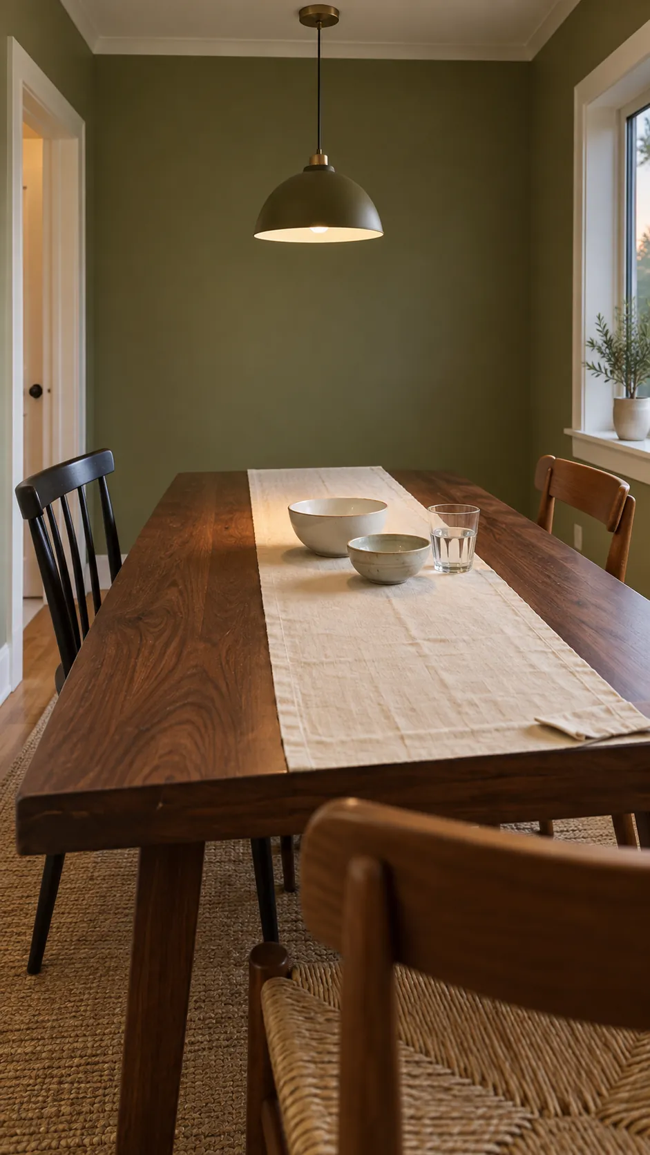 Olive Walls With a Walnut Dining Table
