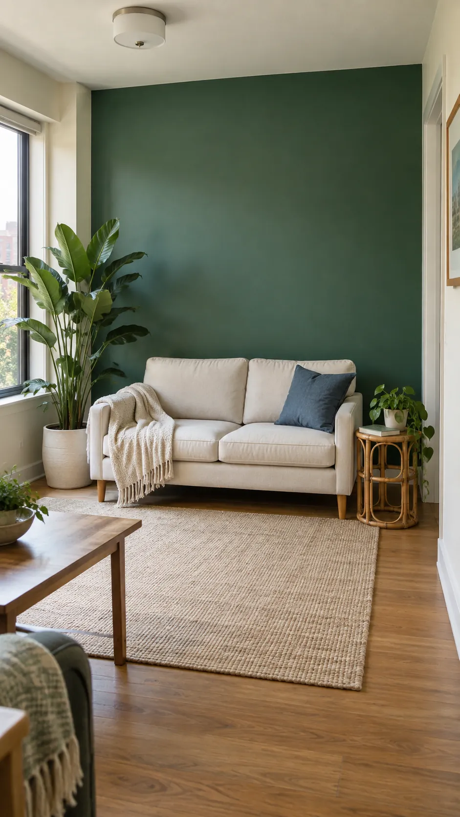 Emerald green living room wall with a cream loveseat and a leafy plant beside the window