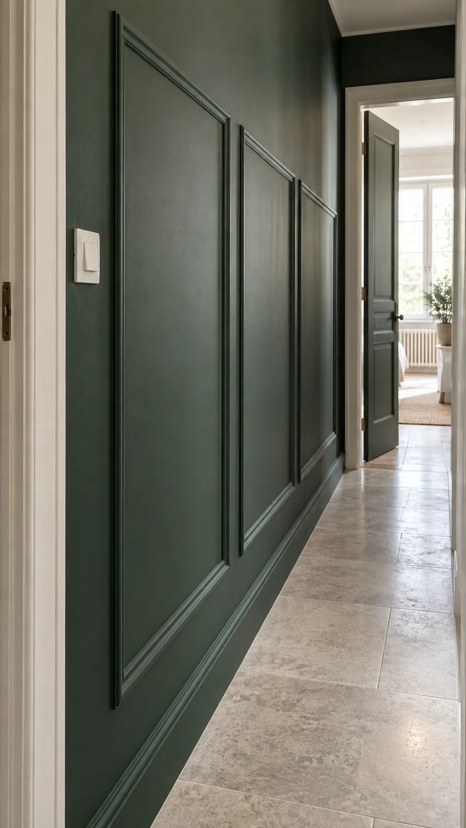 Bottle Green Paneling in a Hallway