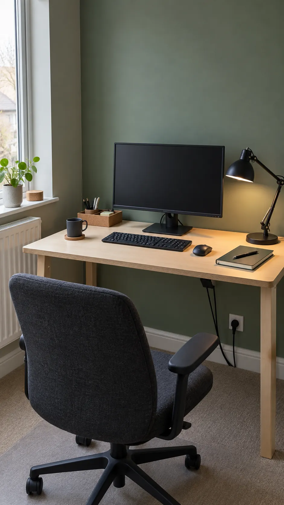 A Green Office Wall Behind the Desk