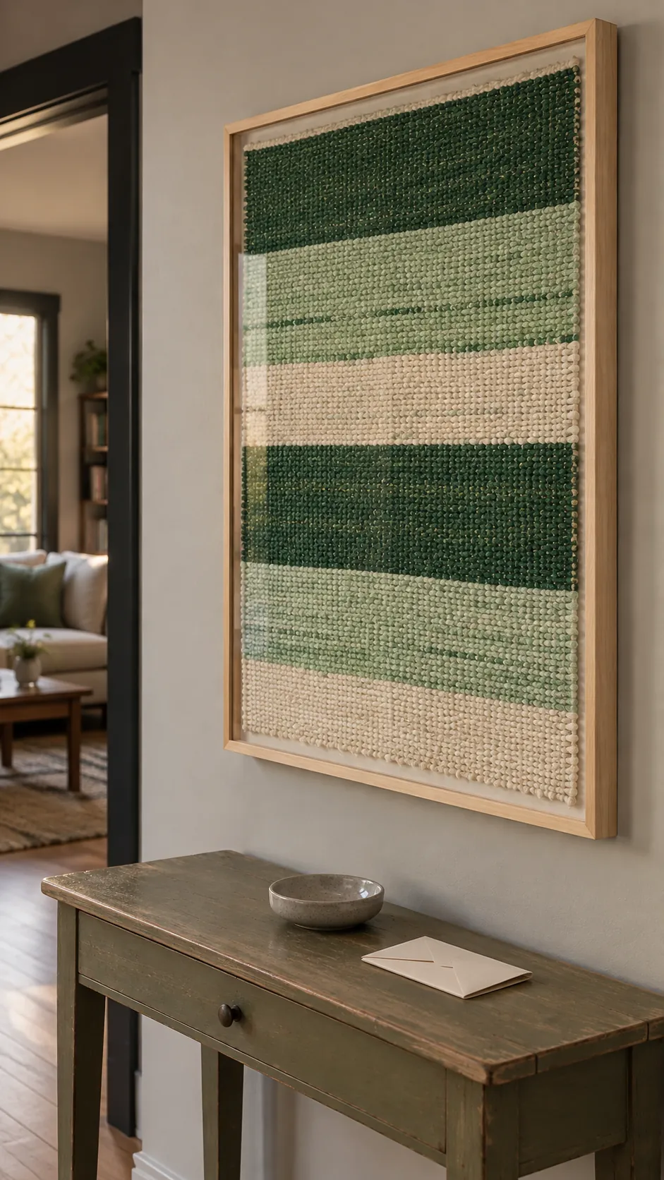 A Framed Green Textile Above a Console