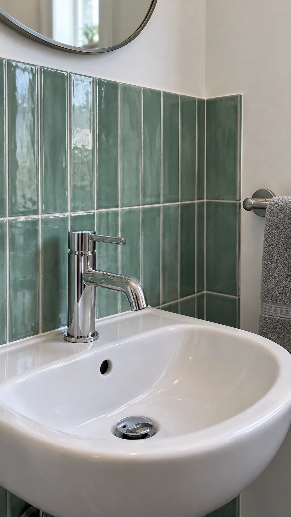 Green Tile Behind a Bathroom Basin