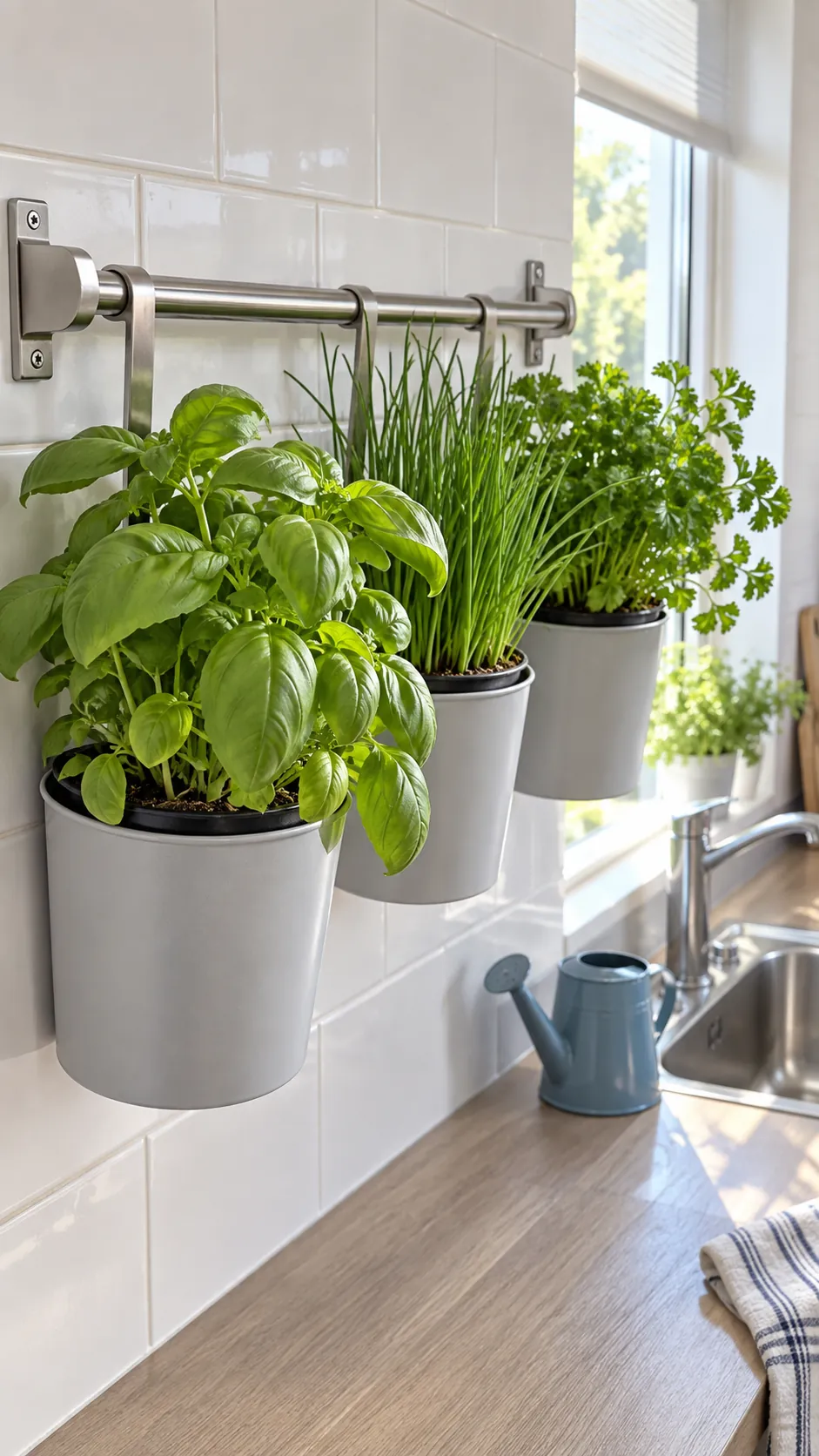 Removable Pots on a Kitchen Herb Rail