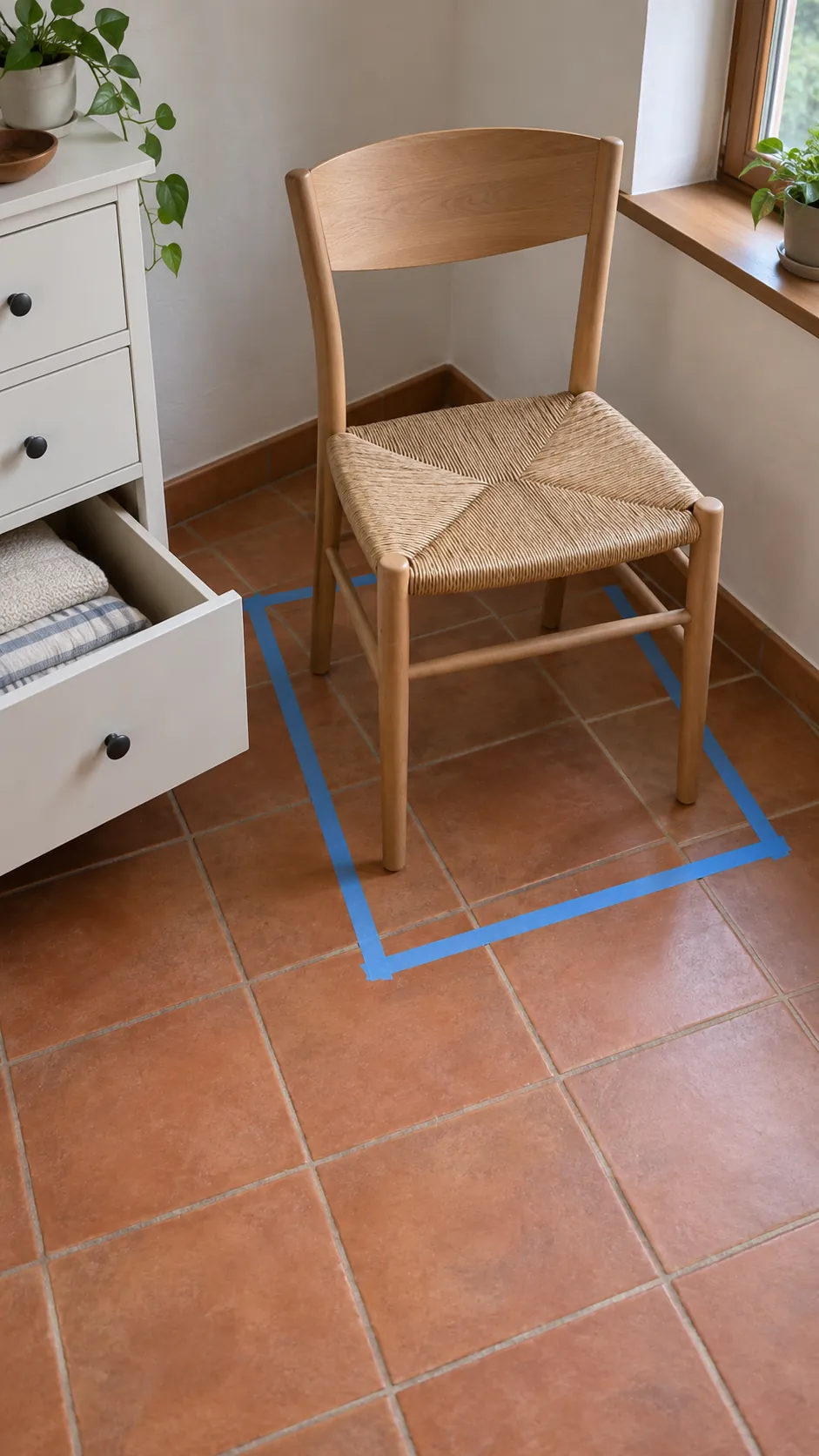 A compact chair tested inside a removable floor outline