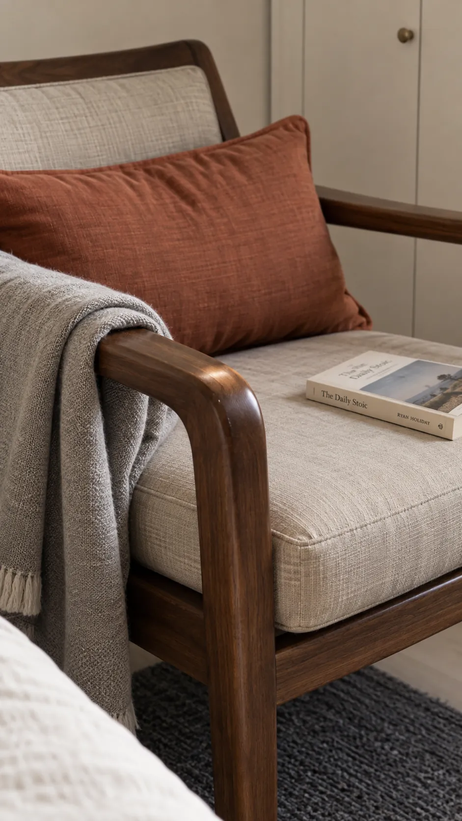A close view of a modest reading seat and its tactile materials