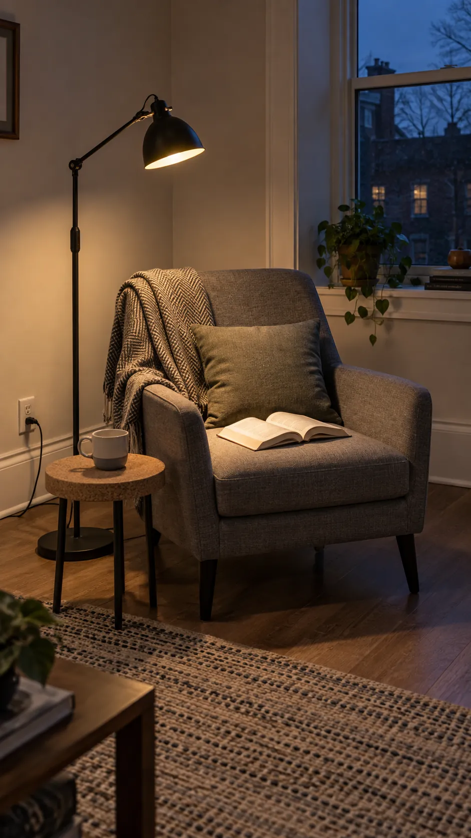 An evening reading light directed onto an open book