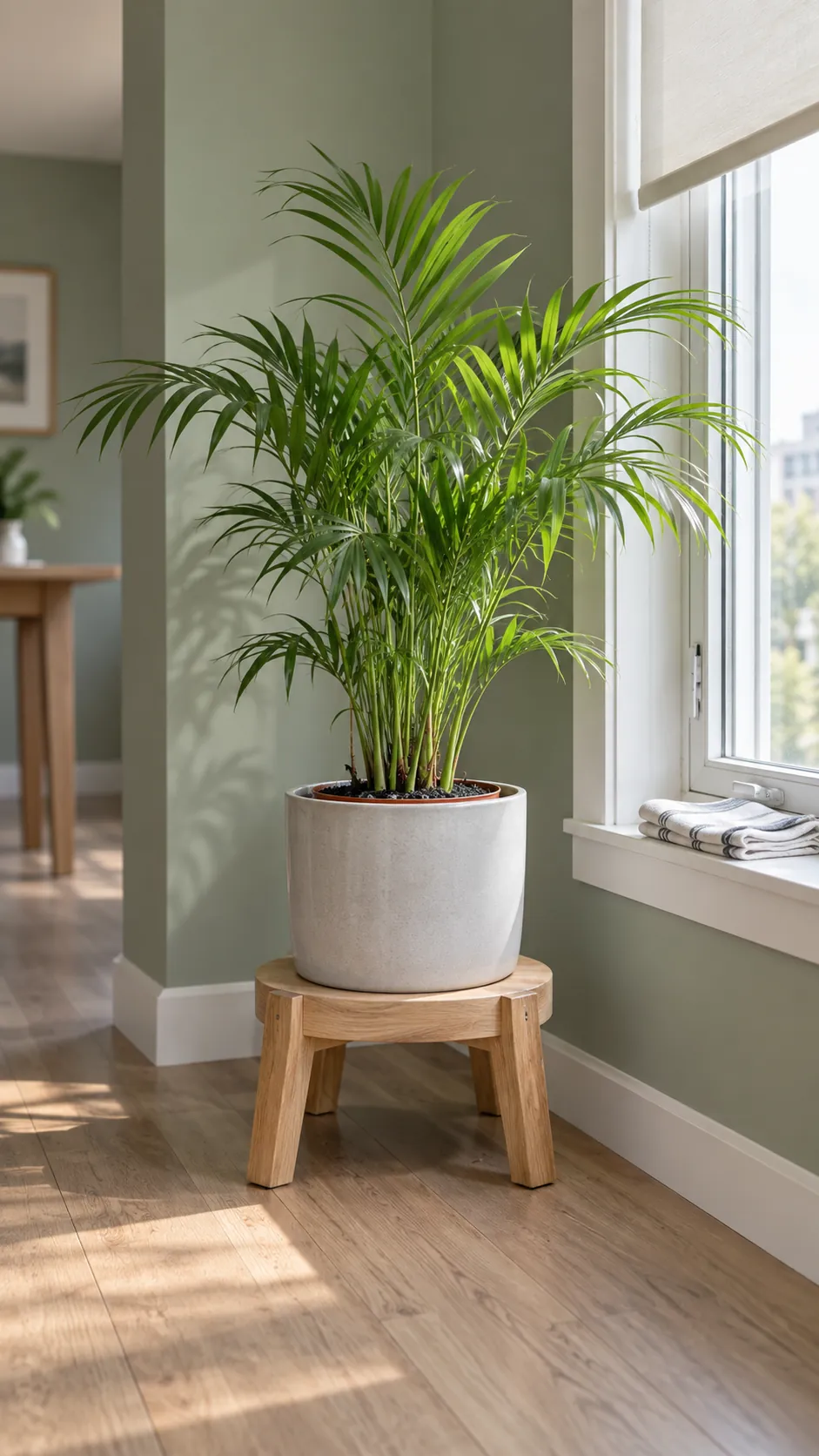 A single plant in a removable pot beside an apartment window