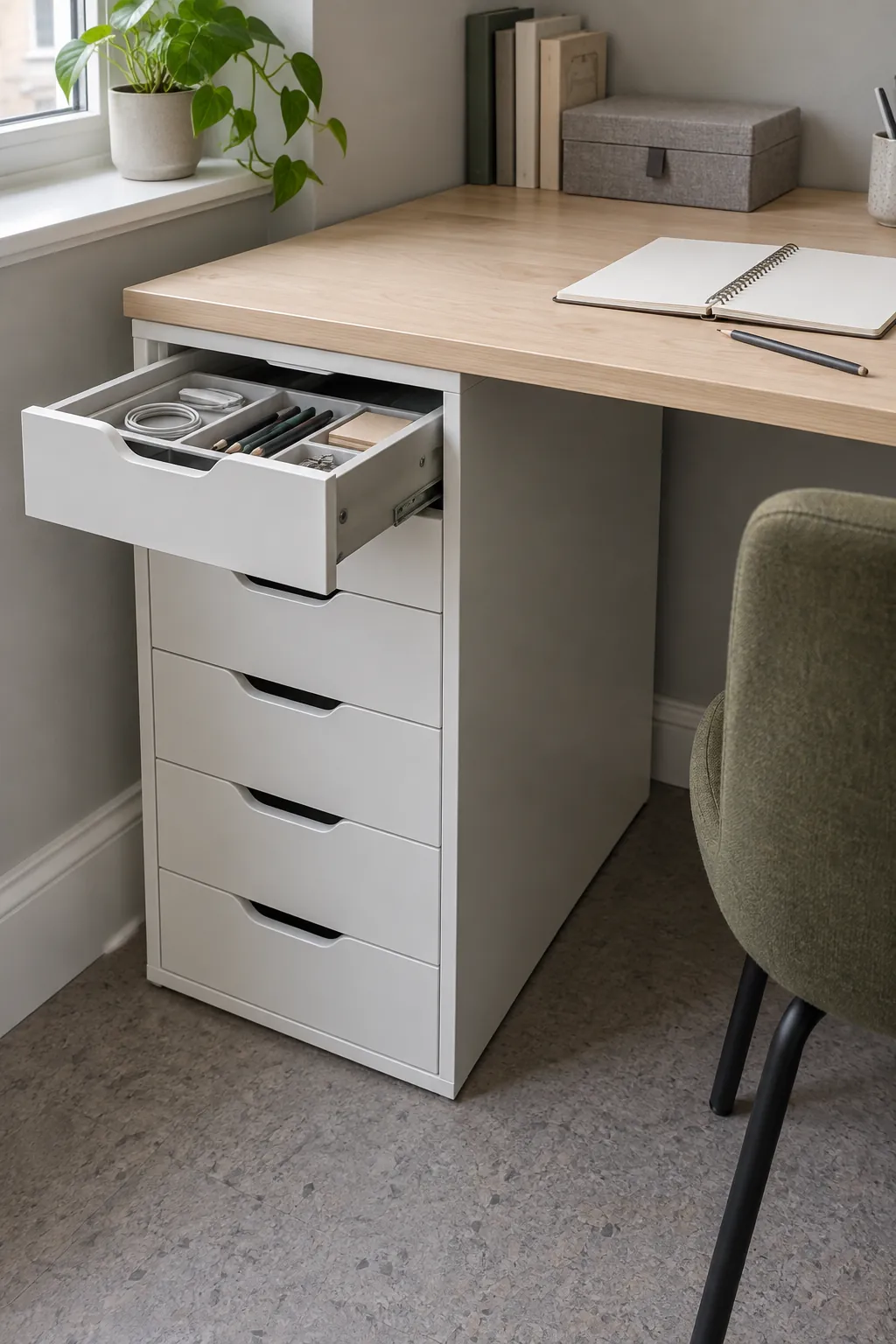 White ALEX style drawers at the outer end of a compact desk