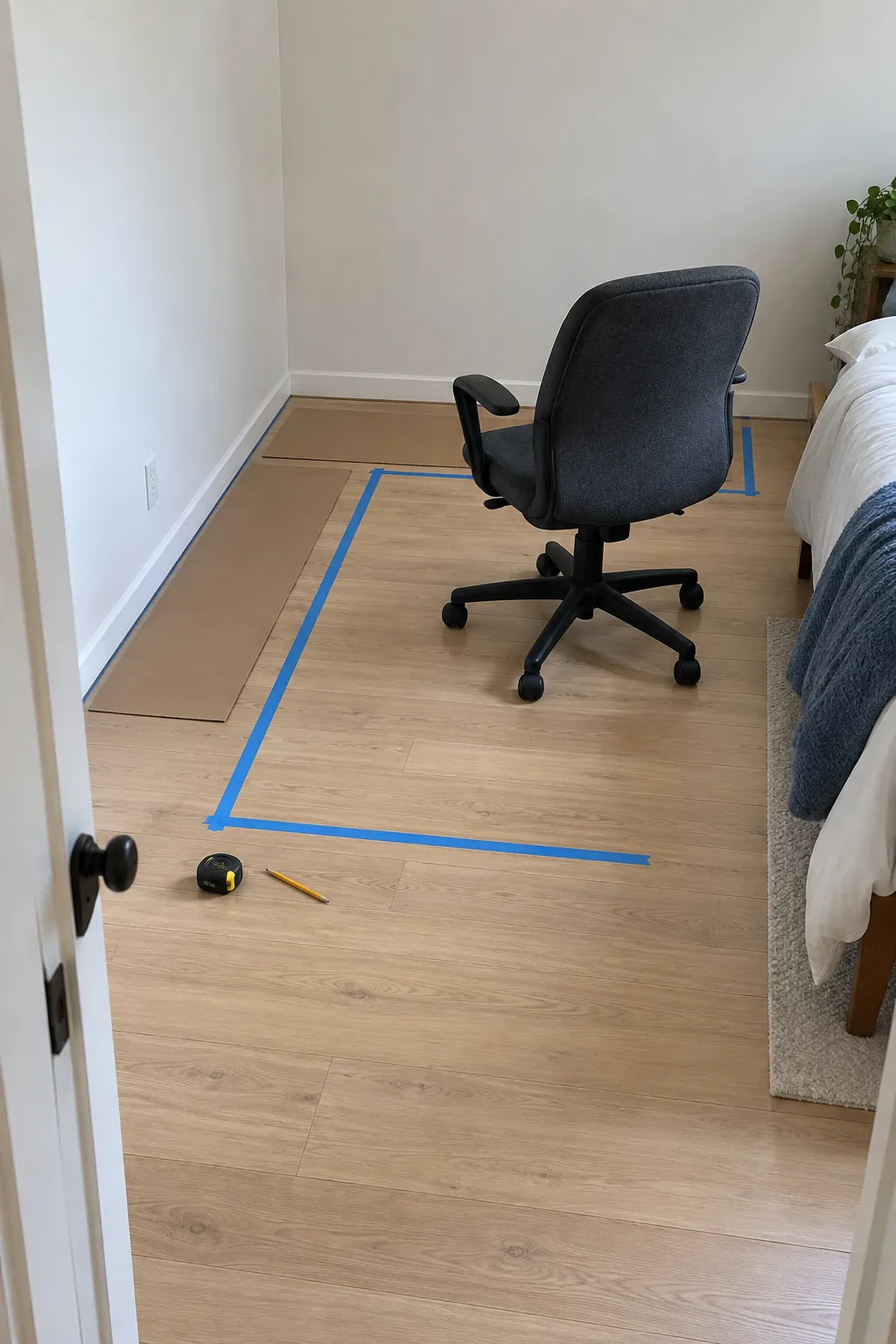 Small bedroom corner measured for a desk and chair clearance