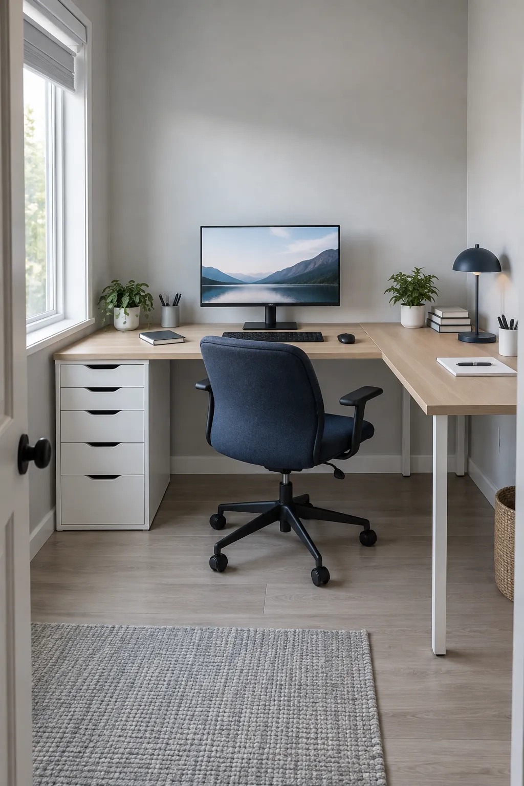 Compact corner desk with white drawers and a clear chair area