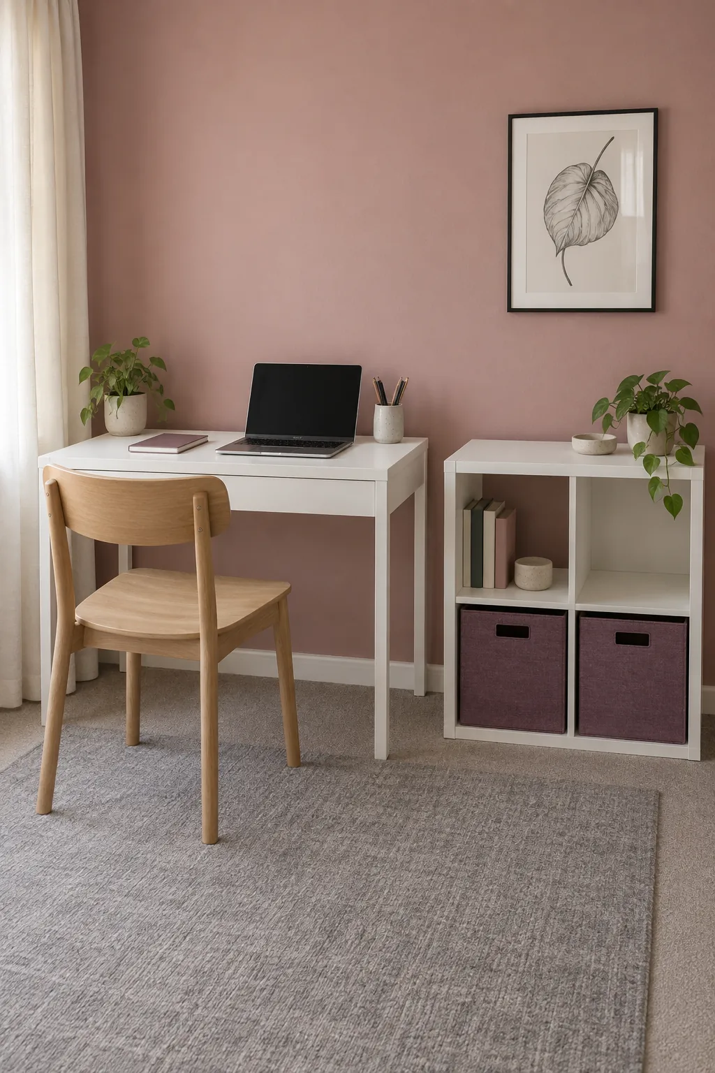 Independent cube storage beside a small writing desk