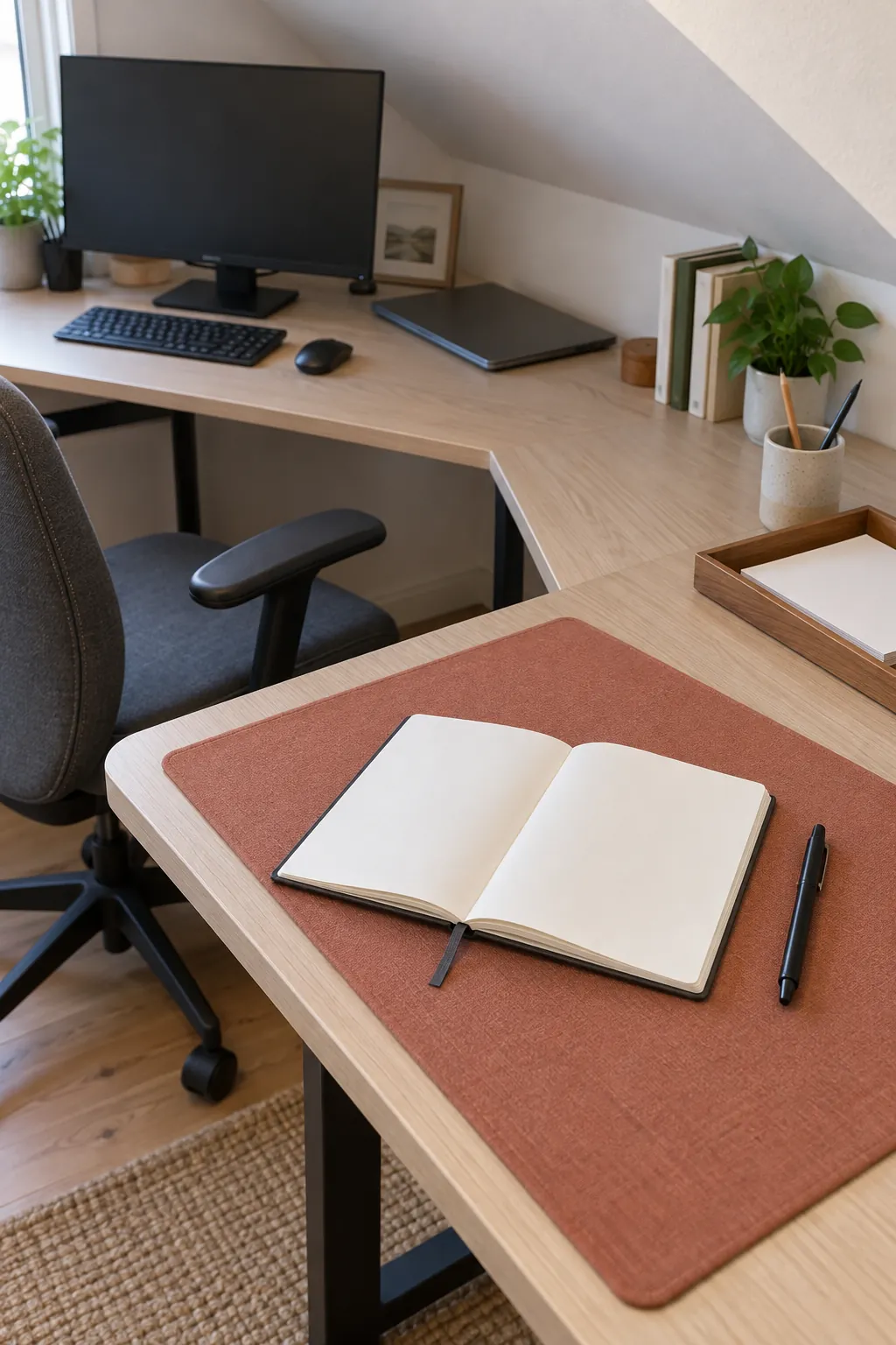 Short corner desk return reserved for paperwork beside a computer