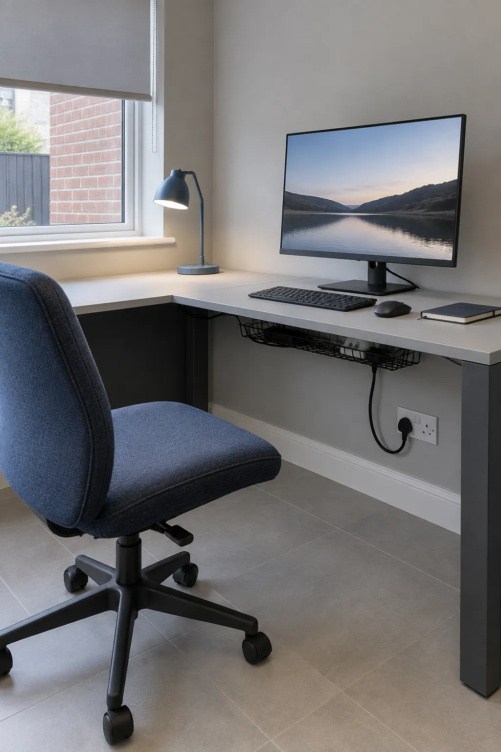 Tidy corner workstation with accessible cable management