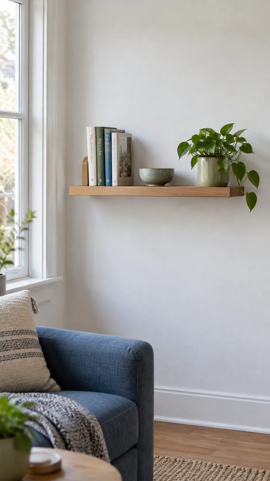 Small oak shelf with books, a bowl, and a compact plant