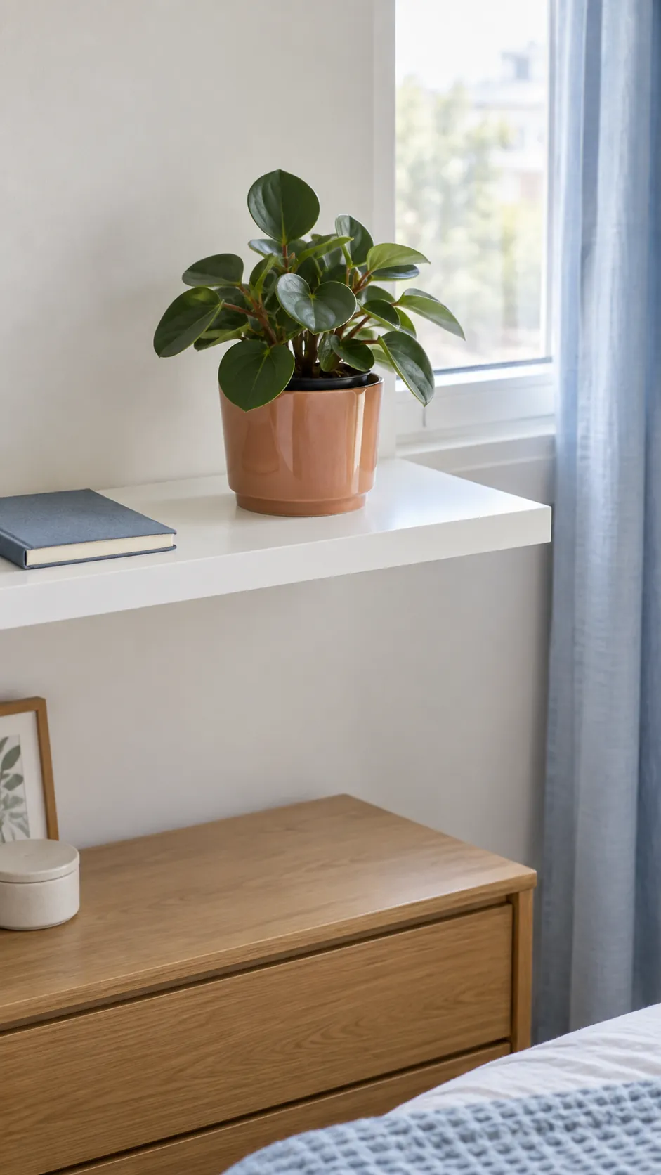 A reachable shelf plant with protected wood and clear leaves