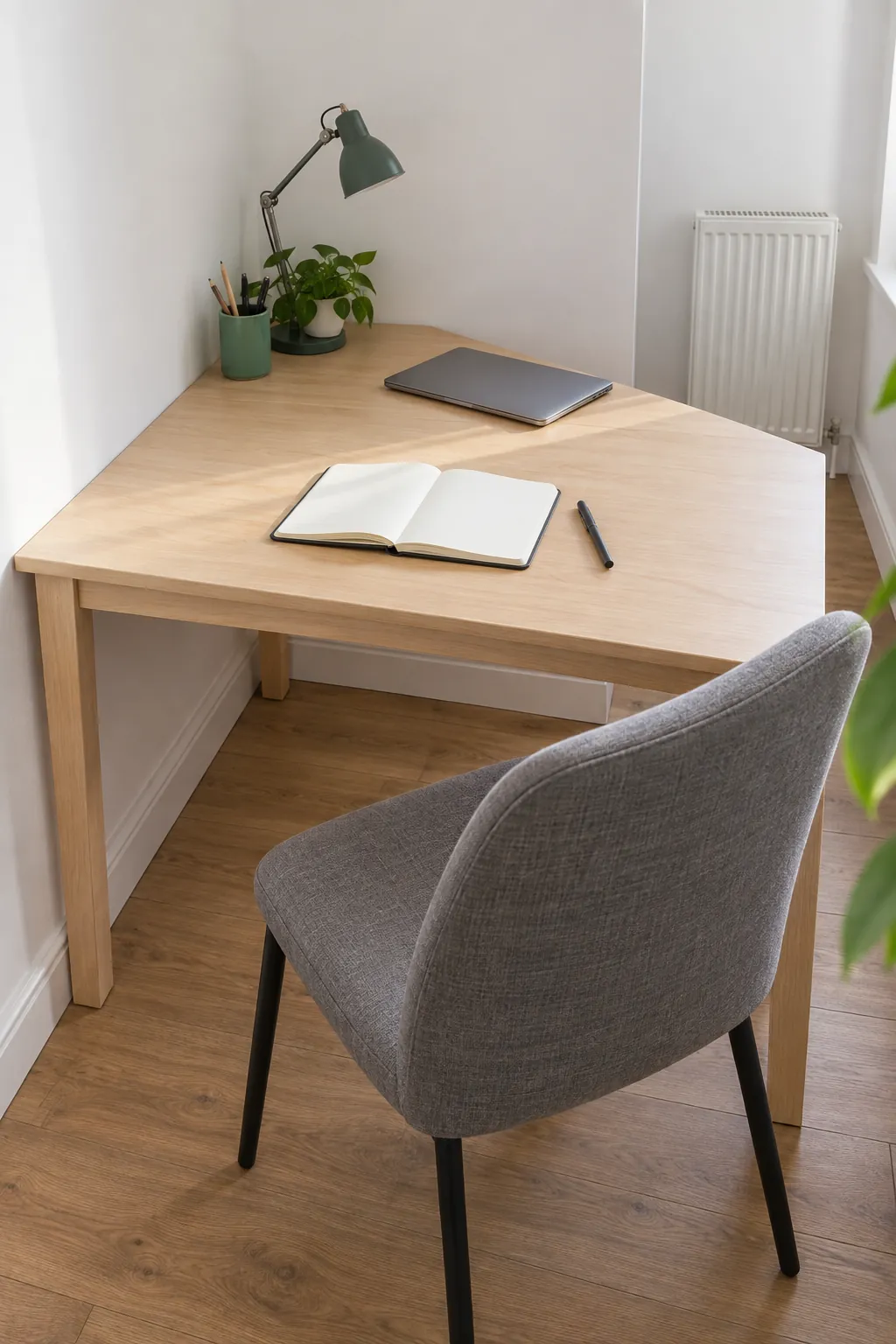 Corner writing desk with a clear central work area