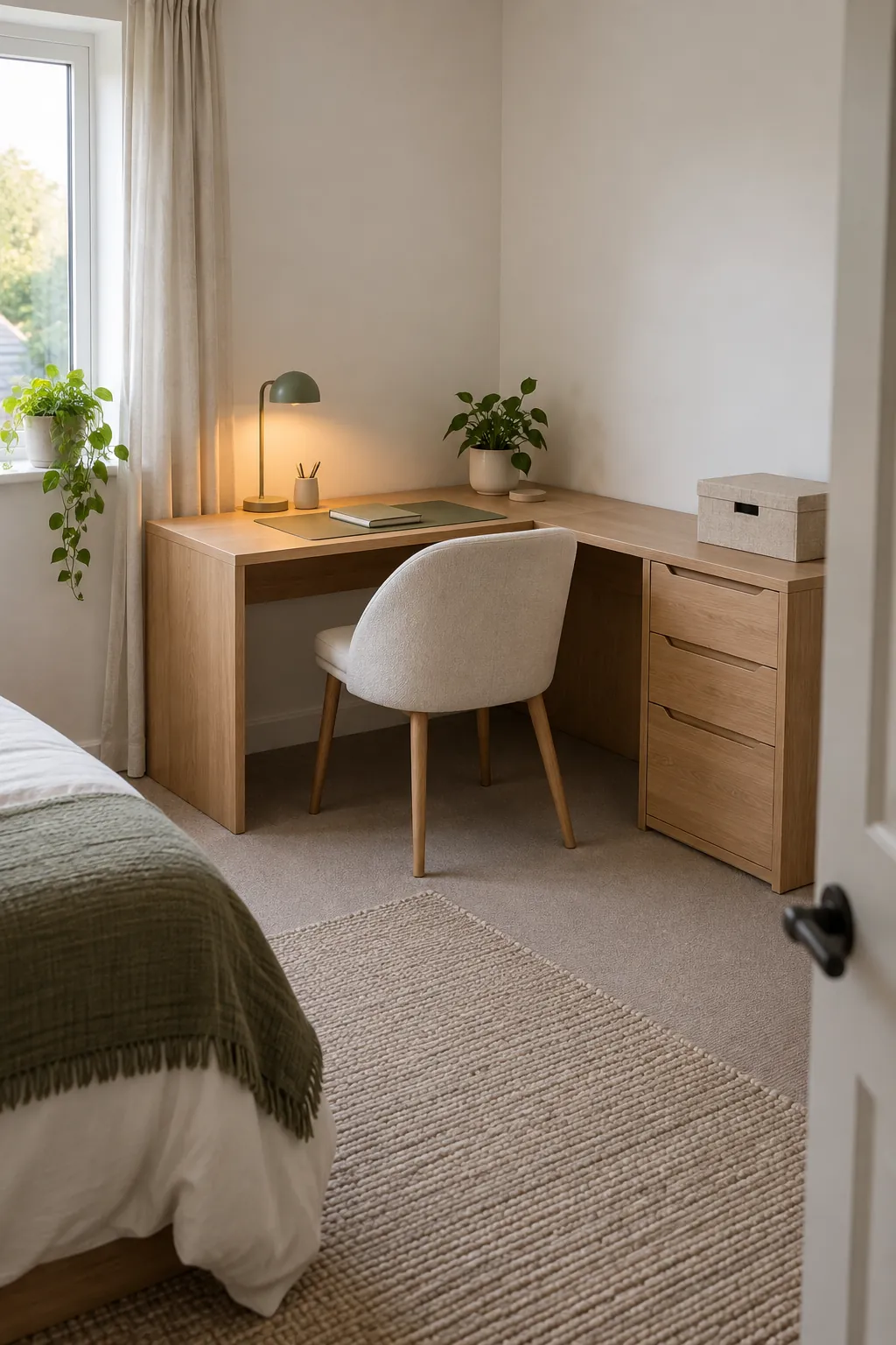 Inviting small corner desk with restrained color and useful open space
