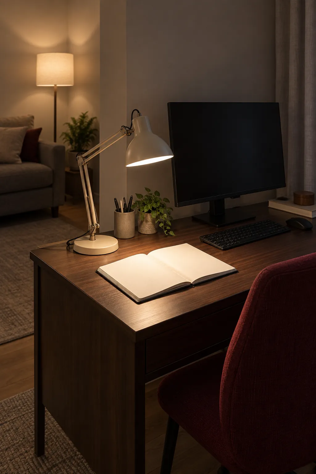 Corner desk with focused task light and soft evening background light